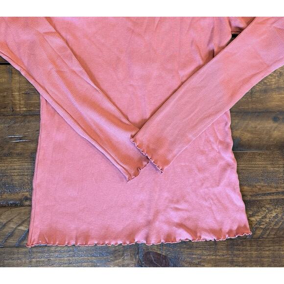 Sundance Ribbed Mock Neck Long Sleeve Top Size Large Ruffle Hem Stretch Coral - Picture 7 of 7